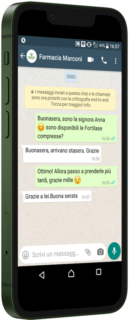 Mockup smartphone che mostra servizio prenotazione via Whatsapp della Farmacia Marconi Valenzano
